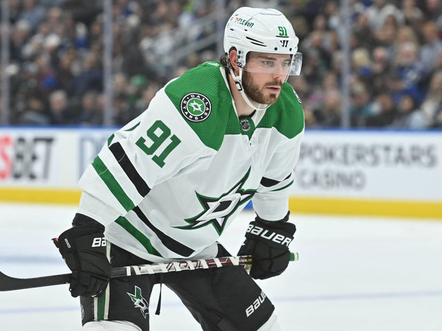 TORONTO, ON - OCTOBER 20: Dallas Stars center Tyler Seguin (91) readies himself before the face-off in the second period during the regular season game between the Dallas Stars and the Toronto Maple Leafs on October 20, 2022 at Scotiabank Arena in Toronto, ON.