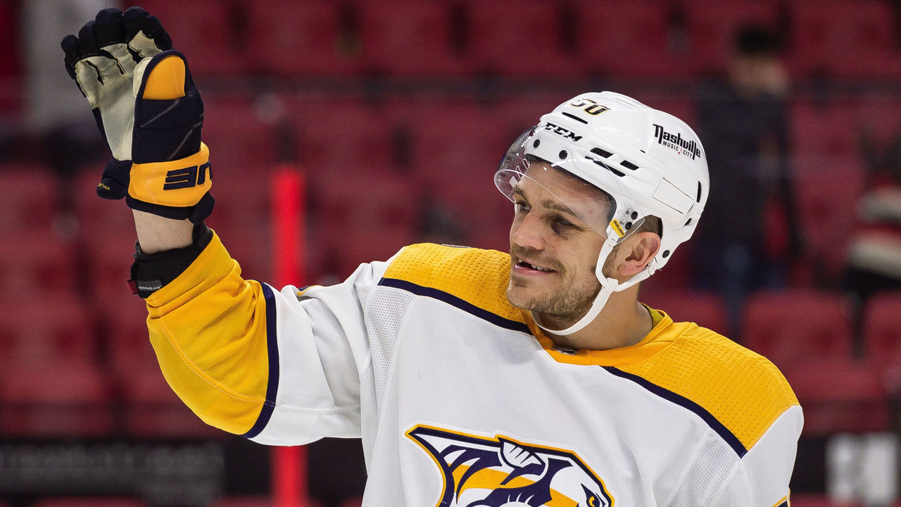 OTTAWA, ON - APRIL 07: Nashville Predators Defenceman Mark Borowiecki (90) waves to the crowd after the 3-2 win against the Ottawa Senators in the NHL game on April 7, 2022 at the Canadian Tire Centre in Ottawa, Ontario, Canada.