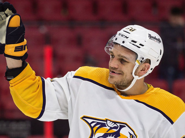 OTTAWA, ON - APRIL 07: Nashville Predators Defenceman Mark Borowiecki (90) waves to the crowd after the 3-2 win against the Ottawa Senators in the NHL game on April 7, 2022 at the Canadian Tire Centre in Ottawa, Ontario, Canada.