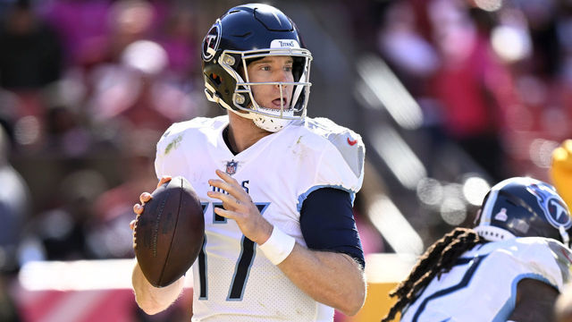 LANDOVER, MARYLAND - OCTOBER 09: Ryan Tannehill #17 of the Tennessee Titans drops back to pass against the Washington Commanders at FedExField on October 09, 2022 in Landover, Maryland.