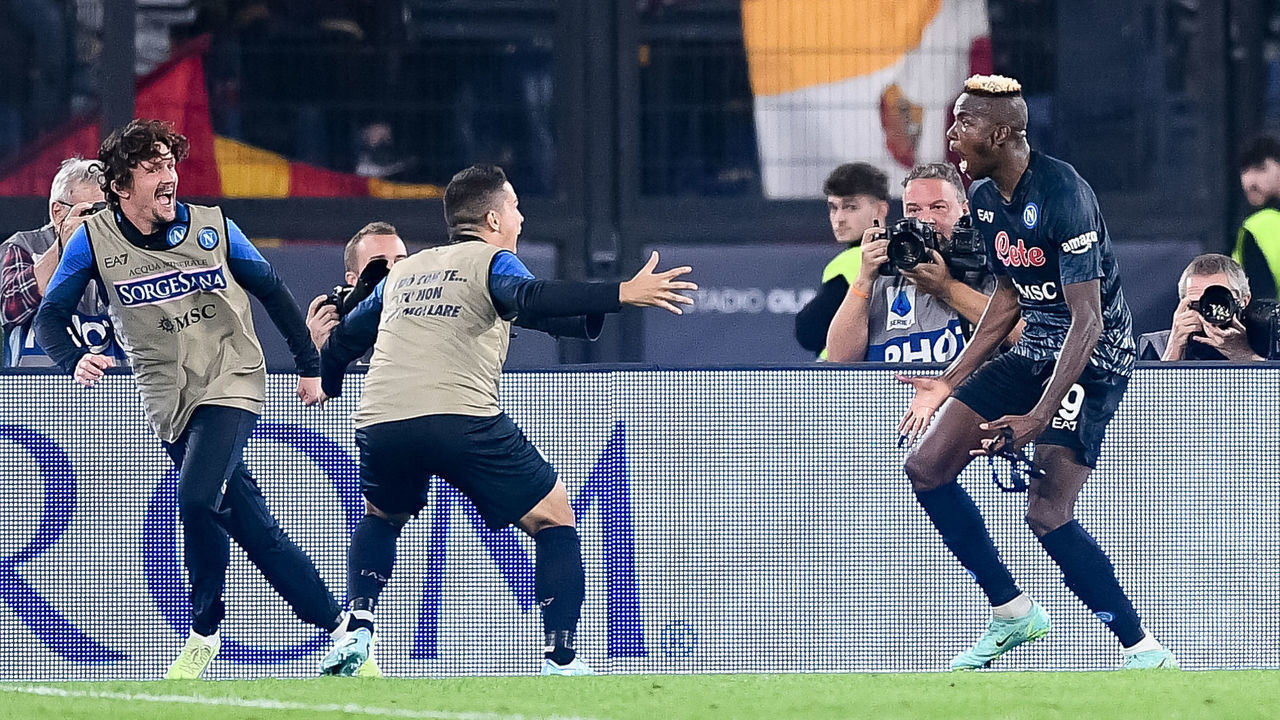 Victor Osimhen of SSC Napoli celebrates after scoring first goal during the Serie A match between AS Roma and SSC Napoli at Stadio Olimpico, Rome, Italy on 23 October 2022.