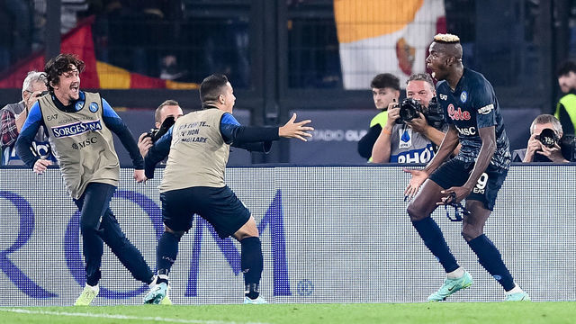 Victor Osimhen of SSC Napoli celebrates after scoring first goal during the Serie A match between AS Roma and SSC Napoli at Stadio Olimpico, Rome, Italy on 23 October 2022.