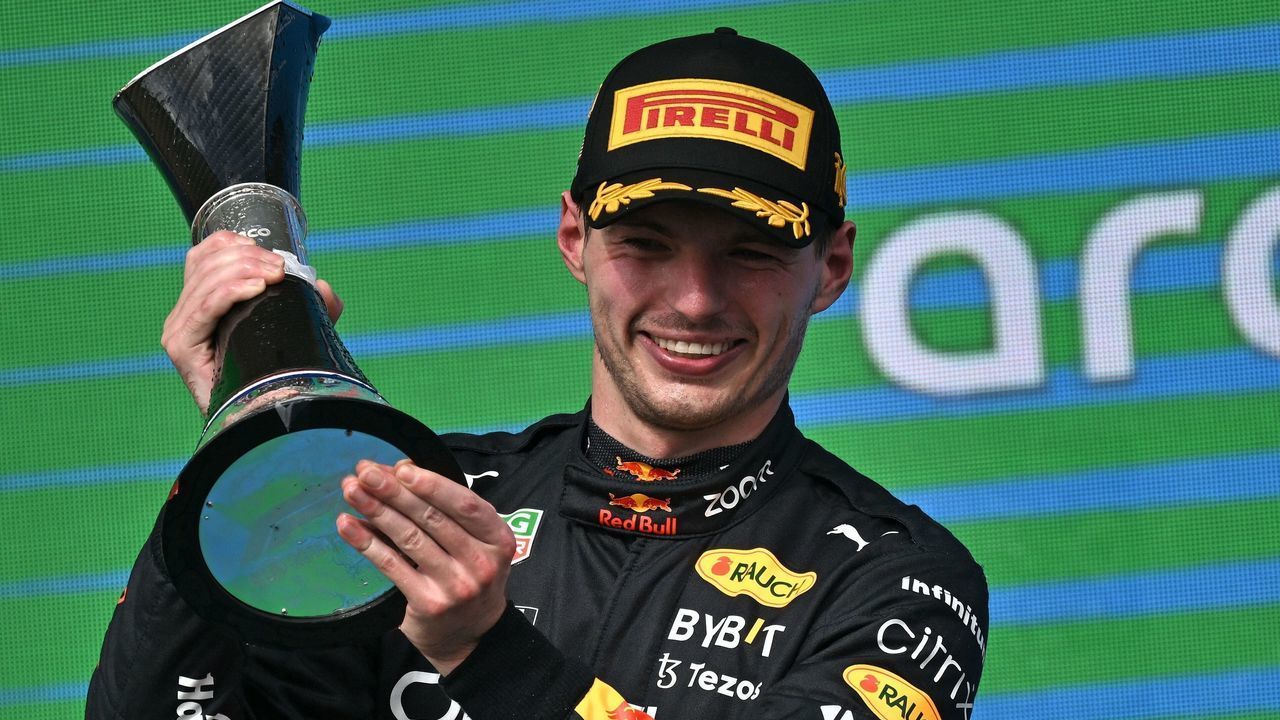 Red Bull Racing's Dutch driver Max Verstappen celebrates on the podium after winning the Formula One United States Grand Prix, at the Circuit of the Americas in Austin, Texas, on October 23, 2022.