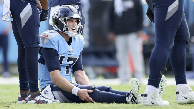 NASHVILLE, TENNESSEE - OCTOBER 23: Ryan Tannehill #17 of the Tennessee Titans reacts after a play against the Indianapolis Colts during the second half at Nissan Stadium on October 23, 2022 in Nashville, Tennessee.