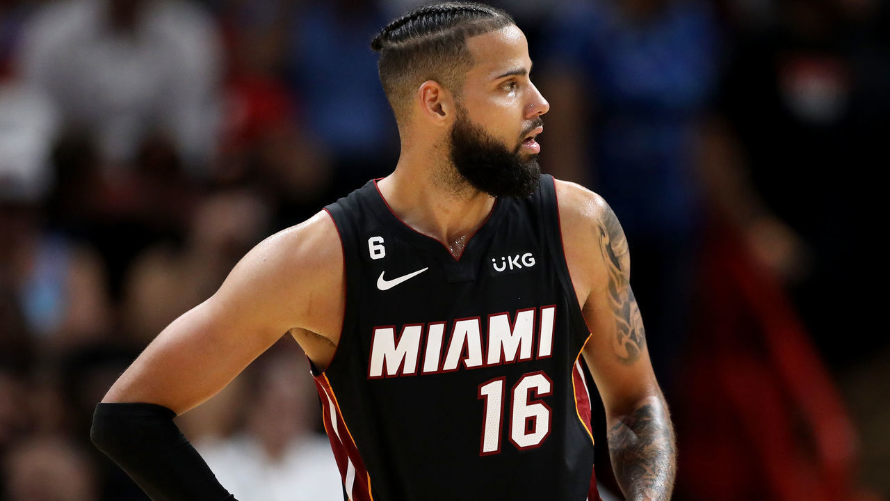 MIAMI, FLORIDA - OCTOBER 22: Caleb Martin #16 of the Miami Heat looks on after getting into an altercation with Christian Koloko #35 of the Toronto Raptors during the third quarter of the game at FTX Arena on October 22, 2022 in Miami, Florida.
