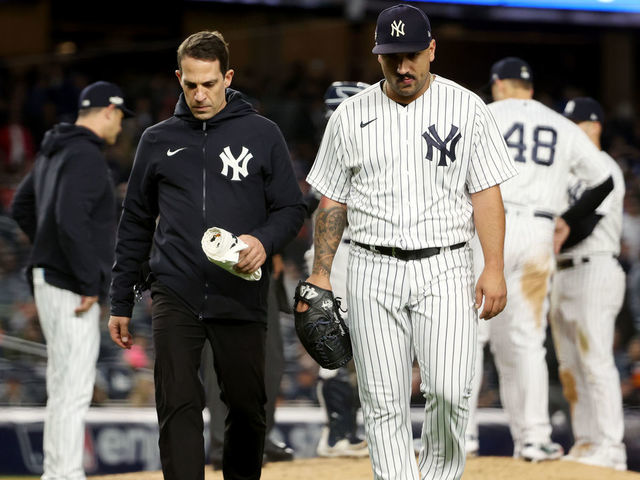 NEW YORK, NY - OCTOBER 23: Nestor Cortes #65 of the New York Yankees walks back to the dugout during a pitching change due to an injury during Game 4 of the ALCS between the Houston Astros and the New York Yankees at Yankee Stadium on Sunday, October 23, 2022 in New York, New York.