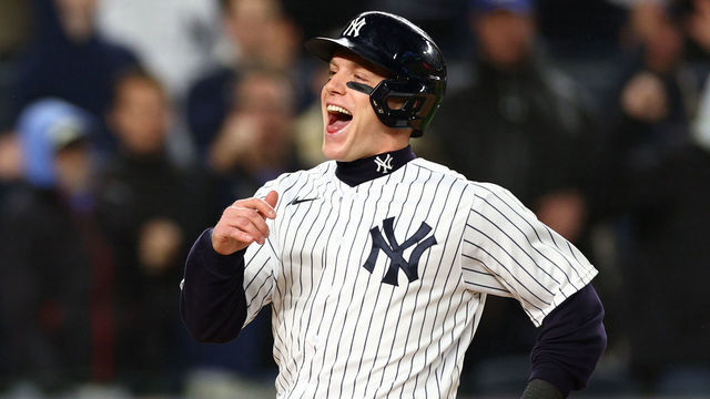 NEW YORK, NEW YORK - OCTOBER 23: Harrison Bader #22 of the New York Yankees scores during the fourth inning against the Houston Astros in game four of the American League Championship Series at Yankee Stadium on October 23, 2022 in the Bronx borough of New York City.