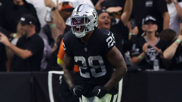 LAS VEGAS, NEVADA - OCTOBER 23: Josh Jacobs #28 of the Las Vegas Raiders reacts in the fourth quarter against the Houston Texans at Allegiant Stadium on October 23, 2022 in Las Vegas, Nevada.