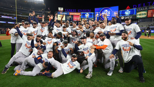 NEW YORK, NEW YORK - OCTOBER 23: The Houston Astros pose for a team photo after defeating the New York Yankees in game four to win the American League Championship Series at Yankee Stadium on October 23, 2022 in the Bronx borough of New York City.