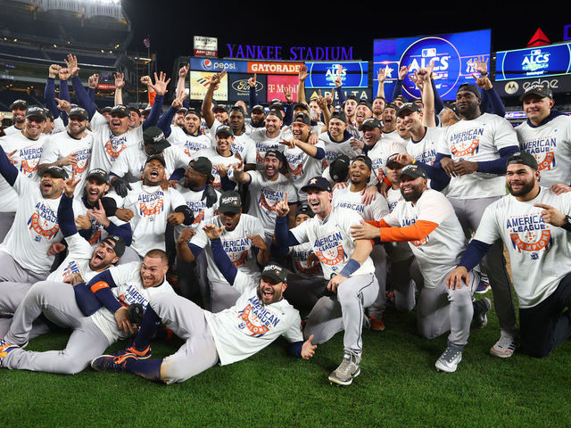 NEW YORK, NEW YORK - OCTOBER 23: The Houston Astros pose for a team photo after defeating the New York Yankees in game four to win the American League Championship Series at Yankee Stadium on October 23, 2022 in the Bronx borough of New York City.
