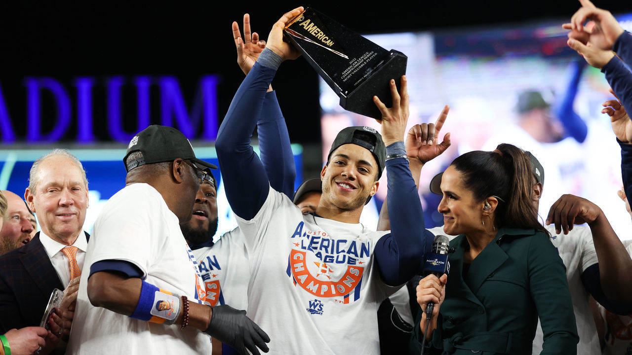 NEW YORK, NEW YORK - OCTOBER 23: Jeremy Pena #3 of the Houston Astros is announced as the American League Championship Series MVP after defeating the New York Yankees in game four to advance to the World Series at Yankee Stadium on October 23, 2022 in the Bronx borough of New York City.