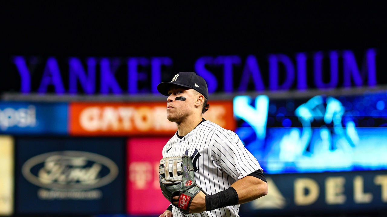 NEW YORK, NEW YORK - OCTOBER 23: Aaron Judge #99 of the New York Yankees runs to the dugout after the fifth inning against the Houston Astros in game four of the American League Championship Series at Yankee Stadium on October 23, 2022 in the Bronx borough of New York City.