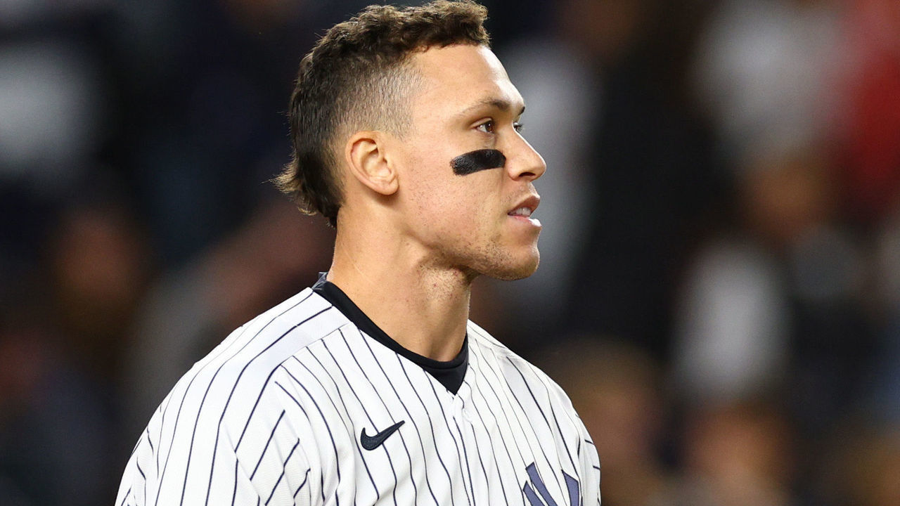 NEW YORK, NEW YORK - OCTOBER 23: Aaron Judge #99 of the New York Yankees looks on during the sixth inning against the Houston Astros in game four of the American League Championship Series at Yankee Stadium on October 23, 2022 in the Bronx borough of New York City.