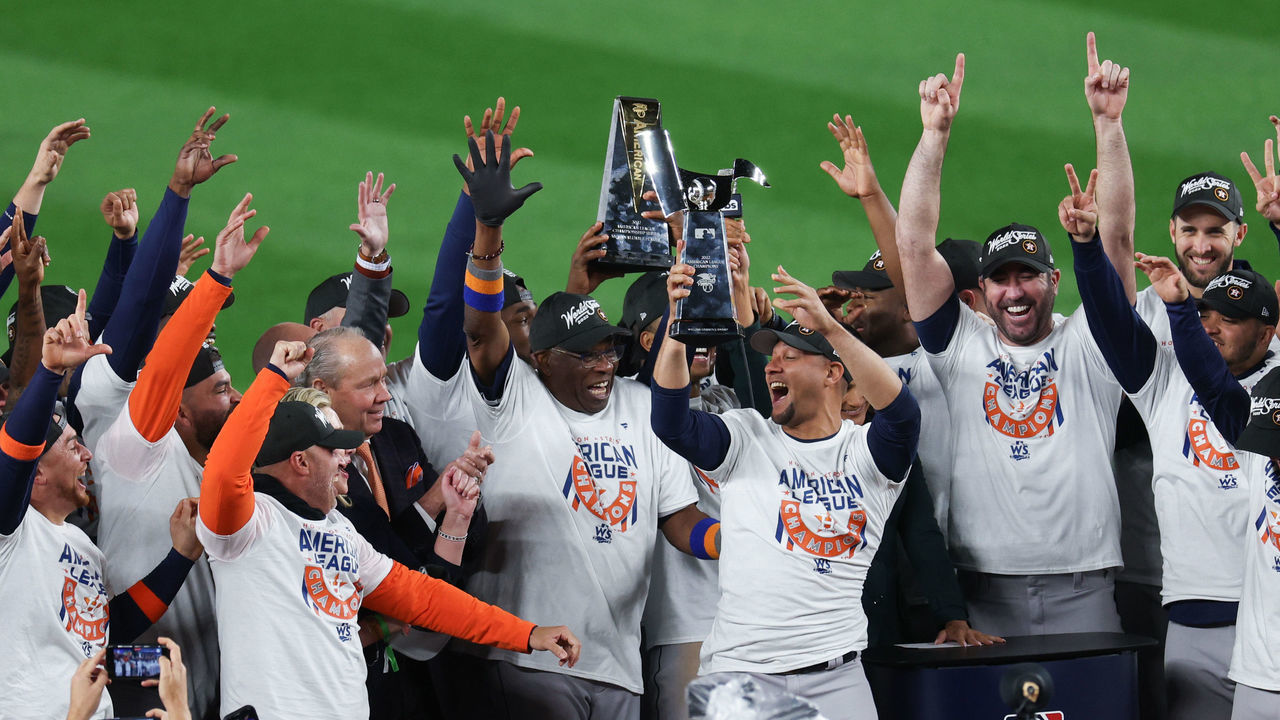 NEW YORK, NEW YORK - OCTOBER 23: The Houston Astros celebrate defeating the New York Yankees in game four of the American League Championship Series to advance to the World Series at Yankee Stadium on October 23, 2022 in the Bronx borough of New York City.