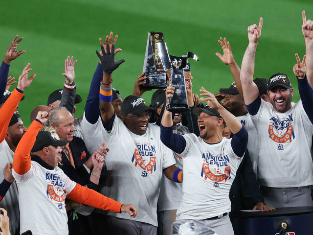 NEW YORK, NEW YORK - OCTOBER 23: The Houston Astros celebrate defeating the New York Yankees in game four of the American League Championship Series to advance to the World Series at Yankee Stadium on October 23, 2022 in the Bronx borough of New York City.