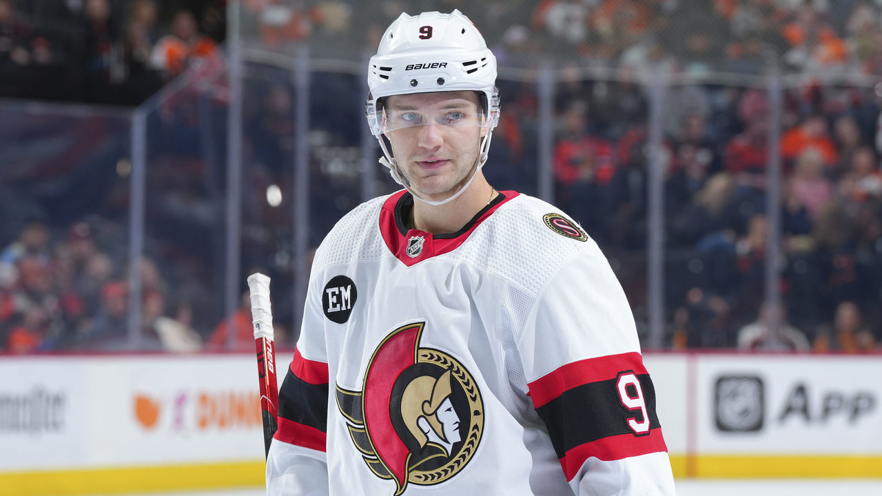 PHILADELPHIA, PA - APRIL 29: Josh Norris #9 of the Ottawa Senators looks on against the Philadelphia Flyers at the Wells Fargo Center on April 29, 2022 in Philadelphia, Pennsylvania.