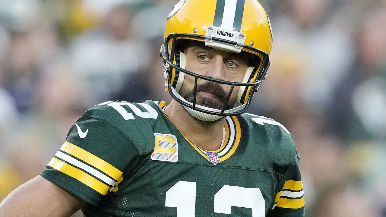 GREEN BAY, WISCONSIN - OCTOBER 02: Aaron Rodgers #12 of the Green Bay Packers reacts after a play in the second half against the New England Patriots at Lambeau Field on October 02, 2022 in Green Bay, Wisconsin.