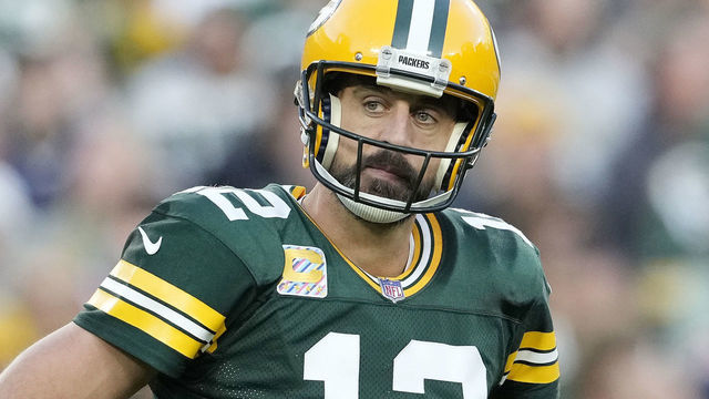 GREEN BAY, WISCONSIN - OCTOBER 02: Aaron Rodgers #12 of the Green Bay Packers reacts after a play in the second half against the New England Patriots at Lambeau Field on October 02, 2022 in Green Bay, Wisconsin.