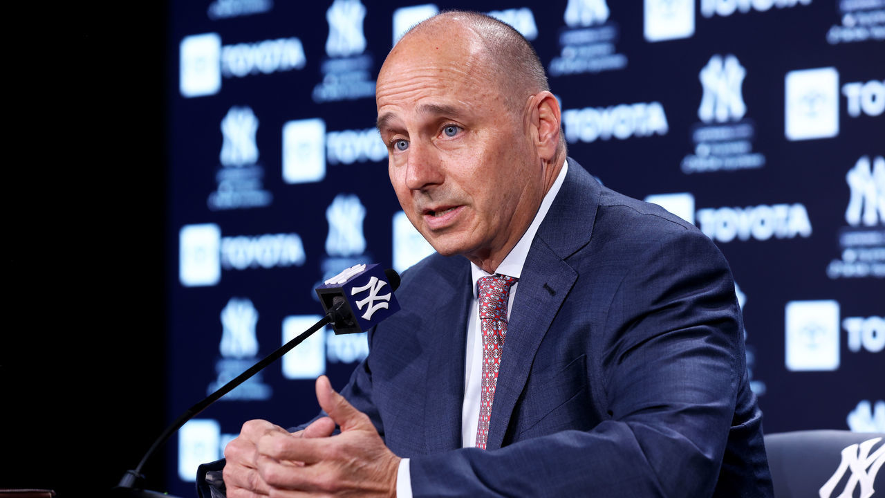 NEW YORK, NEW YORK - APRIL 08: New York Yankees General Manager Brian Cashman speaks to the media prior to the start of the game against the Boston Red Sox at Yankee Stadium on April 08, 2022 in New York City.