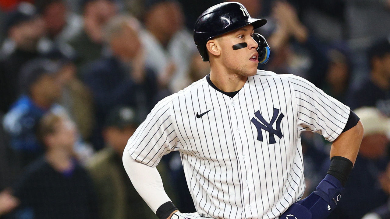 NEW YORK, NEW YORK - OCTOBER 23: Aaron Judge #99 of the New York Yankees looks on after reaching third base in the second inning against the Houston Astros in game four of the American League Championship Series at Yankee Stadium on October 23, 2022 in the Bronx borough of New York City.