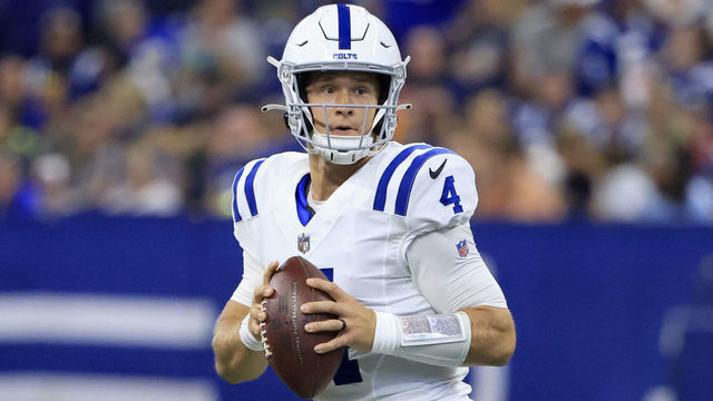 INDIANAPOLIS, INDIANA - AUGUST 20: Sam Ehlinger #4 of the Indianapolis Colts looks to pass the ball against the Detroit Lions in the second quarter at Lucas Oil Stadium on August 20, 2022 in Indianapolis, Indiana.