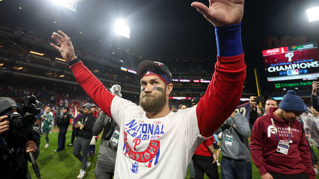 PHILADELPHIA, PA - OCTOBER 23: Bryce Harper #3 of the Philadelphia Phillies celebrates after the Phillies took Game 5 and won the NLCS against the San Diego Padres at Citizens Bank Park on Sunday, October 23, 2022 in Philadelphia, Pennsylvania.