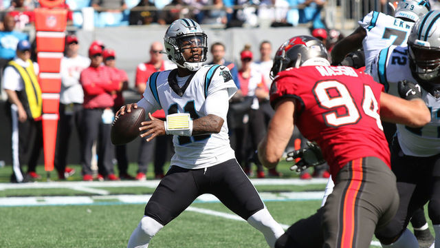 CHARLOTTE, NC - OCTOBER 23: Carolina Panthers quarterback PJ Walker (11) looks to throw a pass during an NFL football game between the Tampa Bay Buccaneers and the Carolina Panthers on October 23, 2022 at Bank of America Stadium in Charlotte, N.C.
