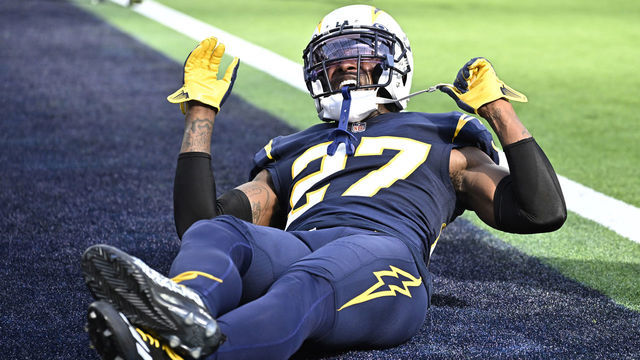 Inglewood, CA - October 23: Cornerback J.C. Jackson #27 of the Los Angeles Chargers injures his knee has has to be carted off against the Seattle Seahawks in the first half of a NFL football game at SoFi Stadium in Inglewood on Sunday, October 23, 2022. Seattle Seahawks won 37-23.