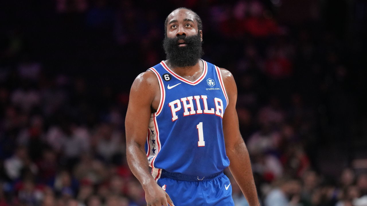 PHILADELPHIA, PA - OCTOBER 24: James Harden #1 of the Philadelphia 76ers looks on during the game against the Indiana Pacers on October 24, 2022 at the Wells Fargo Center in Philadelphia, Pennsylvania NOTE TO USER: User expressly acknowledges and agrees that, by downloading and/or using this Photograph, user is consenting to the terms and conditions of the Getty Images License Agreement. Mandatory Copyright Notice: Copyright 2022 NBAE