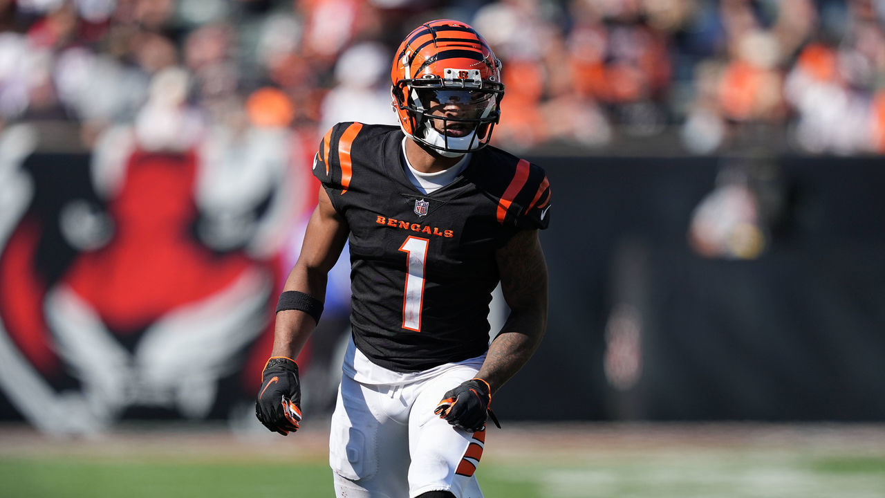 CINCINNATI, OHIO - OCTOBER 23: Ja'Marr Chase #1 of the Cincinnati Bengals lines up for a play in the third quarter against the Atlanta Falcons at Paycor Stadium on October 23, 2022 in Cincinnati, Ohio.