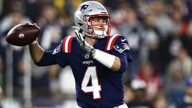 FOXBOROUGH, MA - OCTOBER 24: Bailey Zappe #4 of the New England Patriots throws a pass during the second quarter of an NFL football game against the Chicago Bears at Gillette Stadium on October 24, 2022 in Foxborough, Massachusetts.