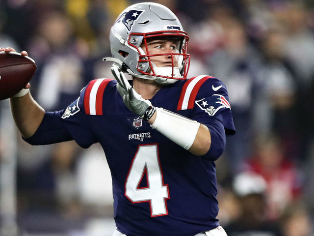 FOXBOROUGH, MA - OCTOBER 24: Bailey Zappe #4 of the New England Patriots throws a pass during the second quarter of an NFL football game against the Chicago Bears at Gillette Stadium on October 24, 2022 in Foxborough, Massachusetts.