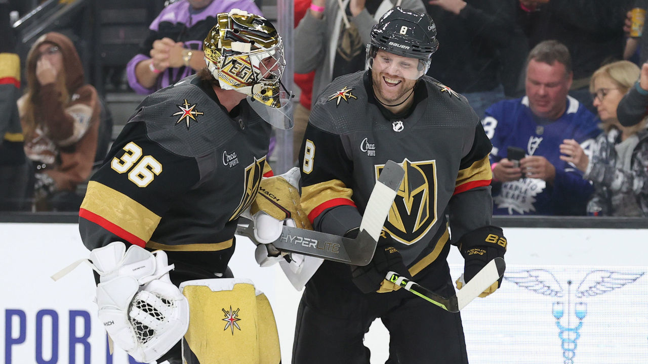 LAS VEGAS, NEVADA - OCTOBER 24: Logan Thompson #36 and Phil Kessel #8 of the Vegas Golden Knights react after a goal by Nicolas Roy #10 during the first period against the Toronto Maple Leafs at T-Mobile Arena on October 24, 2022 in Las Vegas, Nevada.