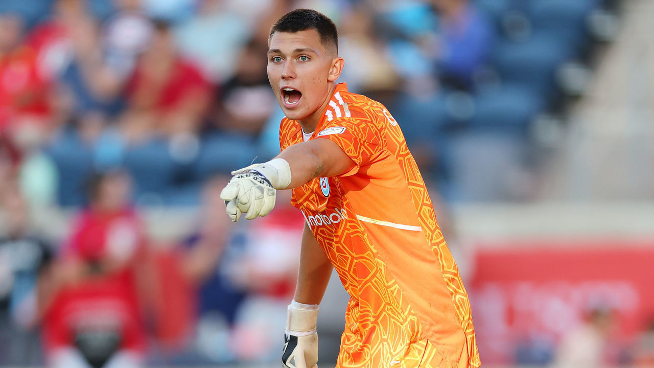 CHICAGO, ILLINOIS - AUGUST 21: Gabriel Slonina #1 of Chicago Fire reacts against New York City FC during the second half at SeatGeek Stadium on August 21, 2022 in Bridgeview, Illinois.