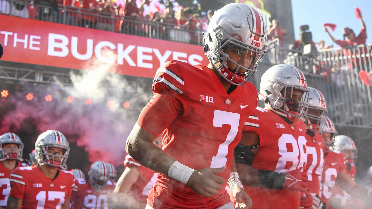 COLUMBUS, OHIO - OCTOBER 22: Quarterback C.J. Stroud #7 of the Ohio State Buckeyes leads his team onto the field before playing the Iowa Hawkeyes at Ohio Stadium on October 22, 2022 in Columbus, Ohio.