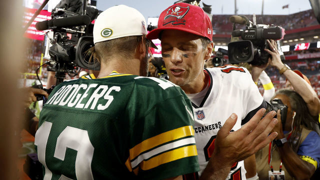 TAMPA, FLORIDA - SEPTEMBER 25: Aaron Rodgers #12 of the Green Bay Packers talks with Tom Brady #12 of the Tampa Bay Buccaneers after the game at Raymond James Stadium on September 25, 2022 in Tampa, Florida. The Packers defeated the Buccaneers with a score of 14 to 12.