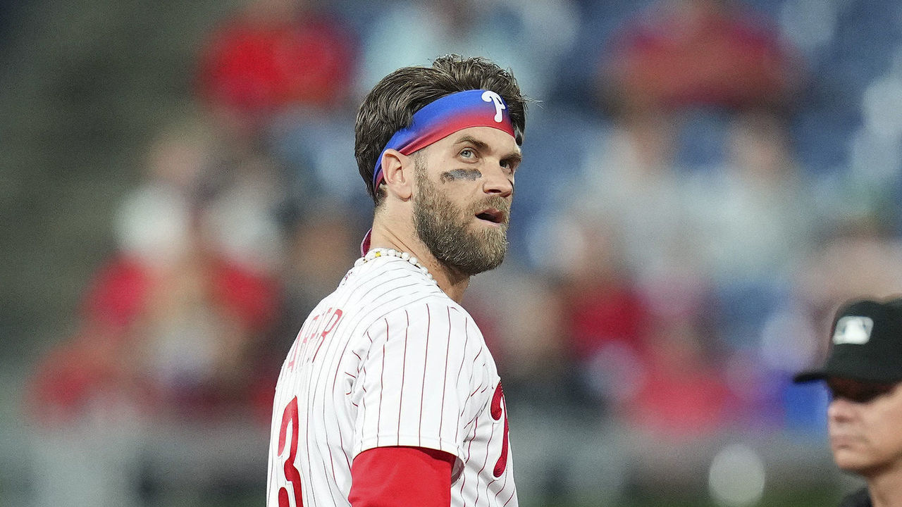 PHILADELPHIA, PA - SEPTEMBER 06: Bryce Harper #3 of the Philadelphia Phillies looks on against the Miami Marlins at Citizens Bank Park on September 6, 2022 in Philadelphia, Pennsylvania. The Phillies defeated the Marlins 3-2.