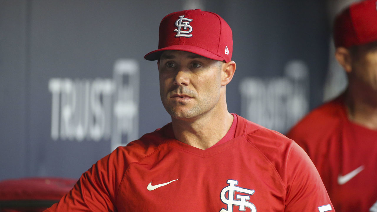 ATLANTA, GA - JULY 05: Skip Schumaker #55 of the St. Louis Cardinals in the dugout before a game against the Atlanta Braves at Truist Park on July 5, 2022 in Atlanta, Georgia.