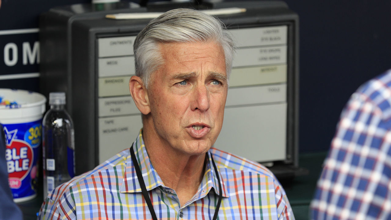 ATLANTA, GA - MAY 23: David Dombrowski, President of Baseball Operations for the Phillies talks to reporters before the Monday evening MLB game between the Atlanta Braves and the Philadelphia Phillies on May 23, 2022 at Truist Park in Atlanta, Georgia.
