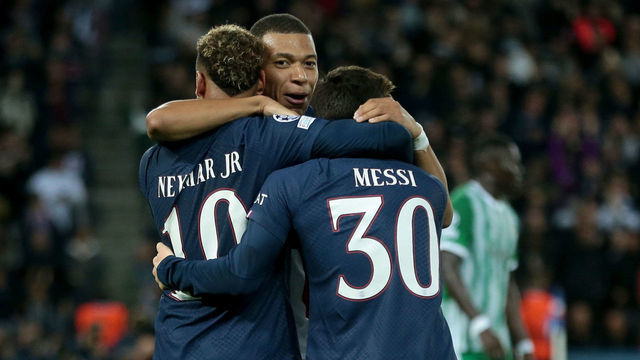 PARIS, FRANCE - OCTOBER 25: Neymar of Paris Saint-Germain, Kylian Mbappe of Paris Saint-Germain and Lionel Messi of Paris Saint-Germain celebrates after scoring his team's third goal with teammates during the UEFA Champions League group H match between Paris Saint-Germain and Maccabi Haifa FC at Parc des Princes on October 25, 2022 in Paris, France.