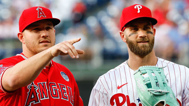PHILADELPHIA, PA - JUNE 03: Los Angeles Angels center fielder Mike Trout (27) and Philadelphia Phillies designated hitter Bryce Harper (3) pose for photos on the field prior to the Major League Baseball game between the Philadelphia Phillies and the Los Angeles Angels on June 3, 2022 at Citizens Bank Park in Philadelphia, Pennsylvania.