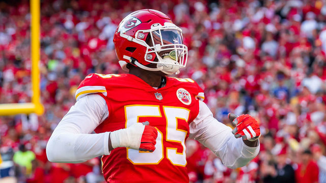 KANSAS CITY, MO - OCTOBER 16: Kansas City Chiefs defensive end Frank Clark (55) gestures toward the crowd during the game between the Kansas City Chiefs and the Buffalo Bills on Sunday October 16, 2022 at Arrowhead Stadium in Kansas City, MO.