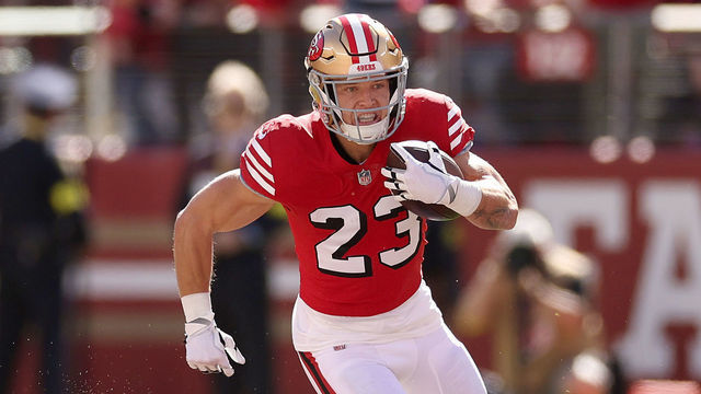 SANTA CLARA, CALIFORNIA - OCTOBER 23: Christian McCaffrey #23 of the San Francisco 49ers runs with the ball in the first quarter against the Kansas City Chiefs at Levi's Stadium on October 23, 2022 in Santa Clara, California.