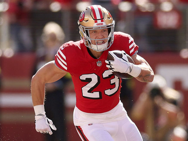 SANTA CLARA, CALIFORNIA - OCTOBER 23: Christian McCaffrey #23 of the San Francisco 49ers runs with the ball in the first quarter against the Kansas City Chiefs at Levi's Stadium on October 23, 2022 in Santa Clara, California.