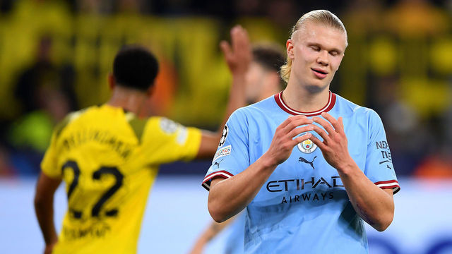 DORTMUND, GERMANY - OCTOBER 25: Erling Haaland of Manchester City reacts during the UEFA Champions League group G match between Borussia Dortmund and Manchester City at Signal Iduna Park on October 25, 2022 in Dortmund, Germany.