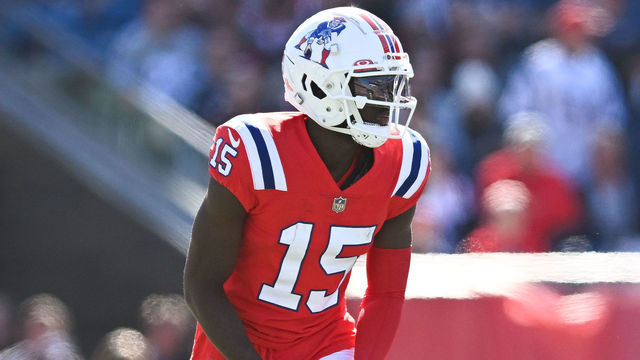 FOXBOROUGH, MA - OCTOBER 9, 2022: Nelson Agholor #15 of the New England Patriots lines up before the snap during the game against the Detroit Lions at Gillette Stadium on October 9, 2022 in Foxborough, Massachusetts.