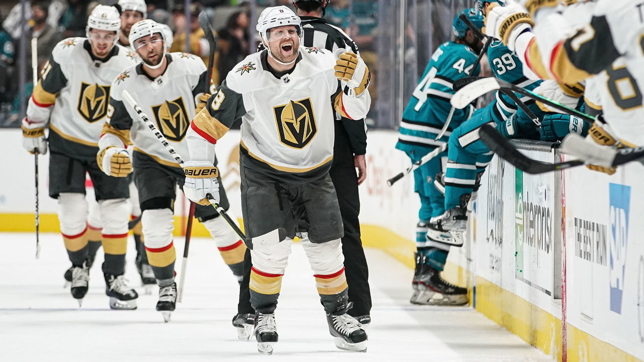 SAN JOSE, CA - OCTOBER 25: Phil Kessel #8 of the Vegas Golden Knights celebrates scoring a goal against the San Jose Sharks at SAP Center on October 25, 2022 in San Jose, California.