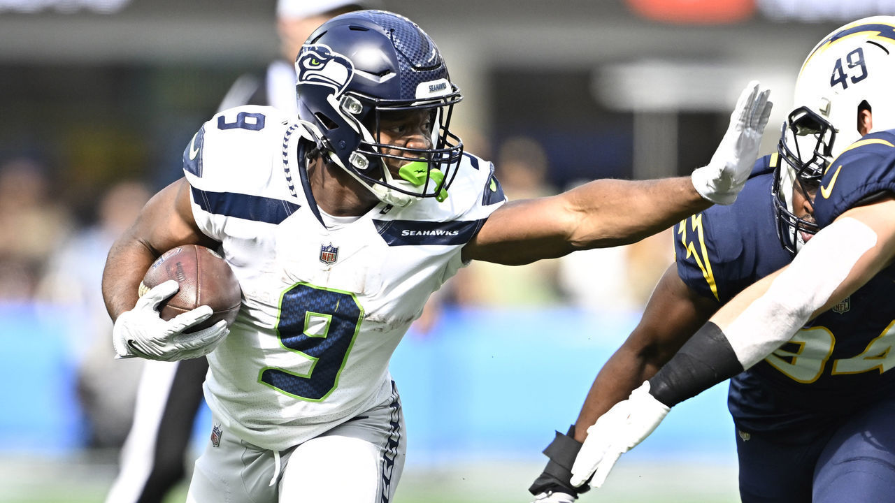 Inglewood, CA - October 23: Running back Kenneth Walker III #9 of the Seattle Seahawks runs for first down against the Los Angeles Chargers in the first half of a NFL football game at SoFi Stadium in Inglewood on Sunday, October 23, 2022. Seattle Seahawks won 37-23.