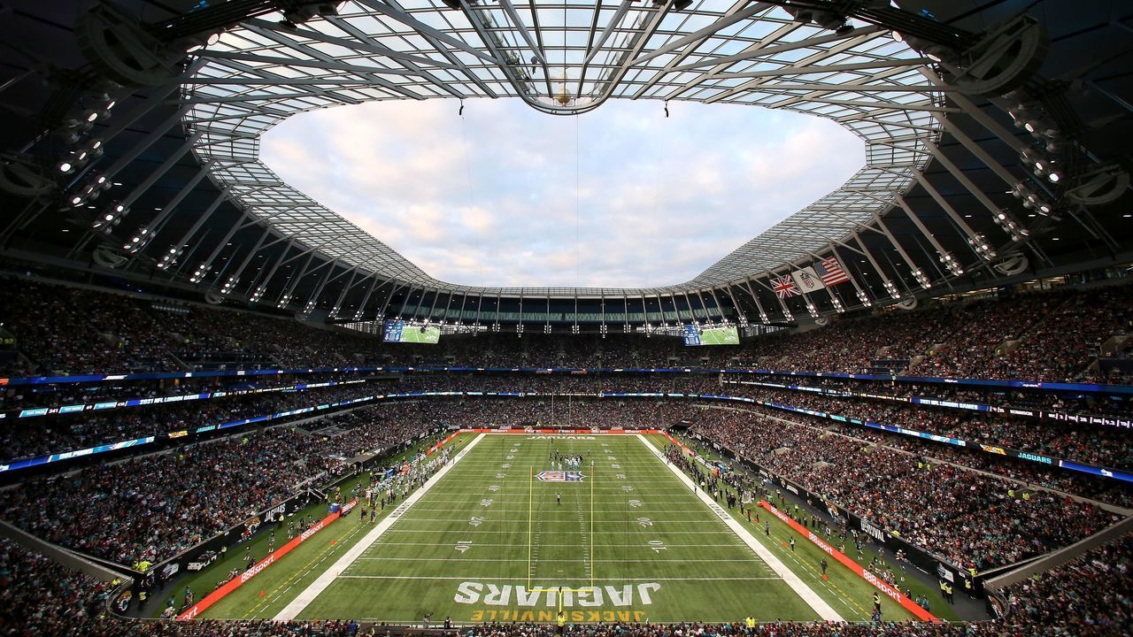 LONDON, ENGLAND - OCTOBER 17: A general view of action underway during the NFL London 2021 match between Miami Dolphins and Jacksonville Jaguars at Tottenham Hotspur Stadium on October 17, 2021 in London, England.