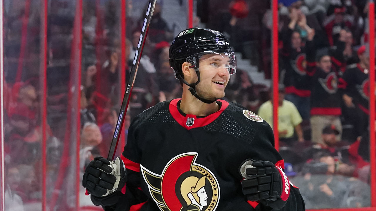 OTTAWA, CANADA - OCTOBER 22: Josh Norris of the Ottawa Senators celebrates his first period goal against the Arizona Coyotes at Canadian Tire Centre on October 22, 2022 in Ottawa, Ontario, Canada.